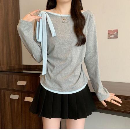 FA53091# 早春新款独特撞色一字肩长袖t恤大码女装蝴蝶结绑带设计上衣  服裝批發女裝批發服飾貨源