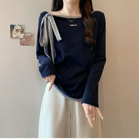 FA53091# 早春新款独特撞色一字肩长袖t恤大码女装蝴蝶结绑带设计上衣  服裝批發女裝批發服飾貨源