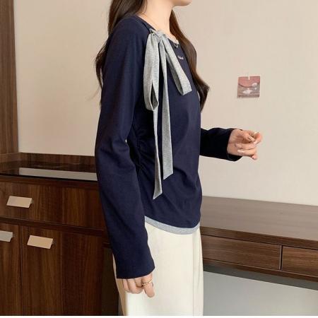 FA53091# 早春新款独特撞色一字肩长袖t恤大码女装蝴蝶结绑带设计上衣  服裝批發女裝批發服飾貨源