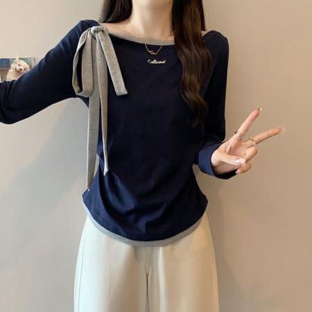FA53091# 早春新款独特撞色一字肩长袖t恤大码女装蝴蝶结绑带设计上衣  服裝批發女裝批發服飾貨源