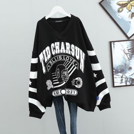 FA53092# 胖妹妹2-300斤韩版字母印花披肩大领口卫衣春秋大码260斤薄款上衣  服裝批發女裝批發服飾貨源