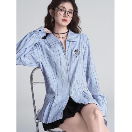 FA53093# 蓝色条纹双头拉链长袖刺绣衬衫女秋季衬衣宽松上衣薄款洋气外套潮  服裝批發女裝批發服飾貨源