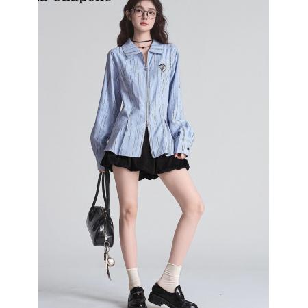 FA53093# 蓝色条纹双头拉链长袖刺绣衬衫女秋季衬衣宽松上衣薄款洋气外套潮  服裝批發女裝批發服飾貨源