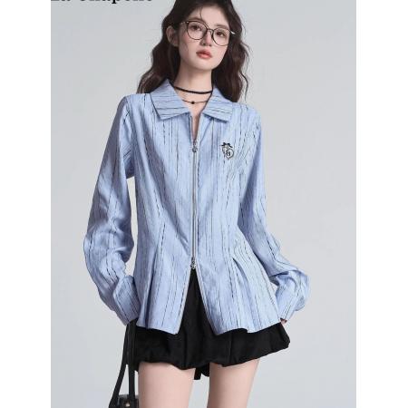 FA53093# 蓝色条纹双头拉链长袖刺绣衬衫女秋季衬衣宽松上衣薄款洋气外套潮  服裝批發女裝批發服飾貨源
