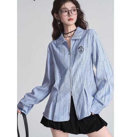 FA53093# 蓝色条纹双头拉链长袖刺绣衬衫女秋季衬衣宽松上衣薄款洋气外套潮  服裝批發女裝批發服飾貨源