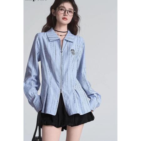 FA53093# 蓝色条纹双头拉链长袖刺绣衬衫女秋季衬衣宽松上衣薄款洋气外套潮  服裝批發女裝批發服飾貨源