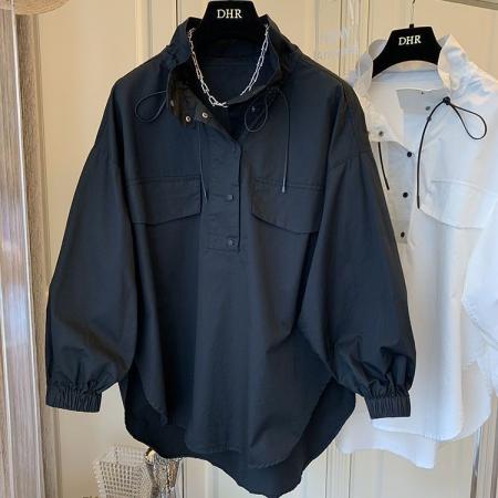 FA53094# 300斤特大码胖MM设计感小众宽松立领白色长袖衬衫春秋冲锋衣外套  服裝批發女裝批發服飾貨源