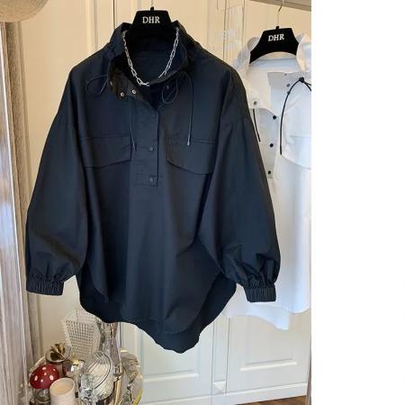 FA53094# 300斤特大码胖MM设计感小众宽松立领白色长袖衬衫春秋冲锋衣外套  服裝批發女裝批發服飾貨源