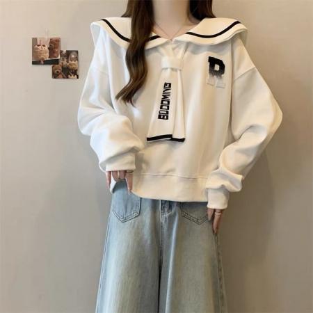 FA53095# 假两件领带正肩卫衣女早秋新款大码胖mm学院风海军领减龄上衣  服裝批發女裝批發服飾貨源