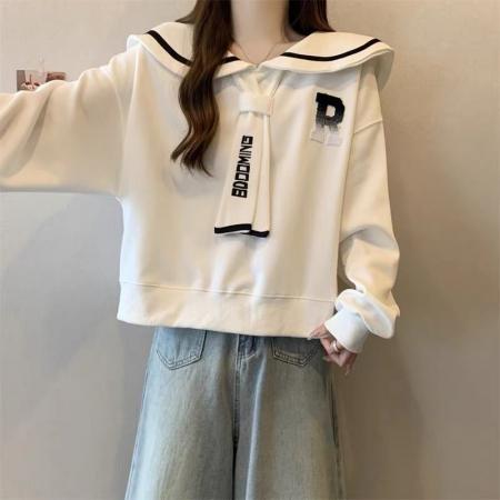 FA53095# 假两件领带正肩卫衣女早秋新款大码胖mm学院风海军领减龄上衣  服裝批發女裝批發服飾貨源