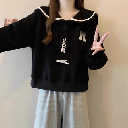 FA53095# 假两件领带正肩卫衣女早秋新款大码胖mm学院风海军领减龄上衣  服裝批發女裝批發服飾貨源