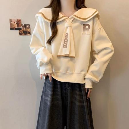 FA53095# 假两件领带正肩卫衣女早秋新款大码胖mm学院风海军领减龄上衣  服裝批發女裝批發服飾貨源