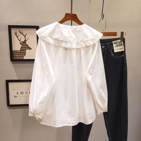 FA53096# 胖m大码300斤重工刺绣拼接花边娃娃领长袖衬衫女春秋甜美减龄衬衣  服裝批發女裝批發服飾貨源