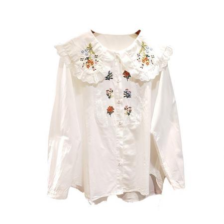 FA53096# 胖m大码300斤重工刺绣拼接花边娃娃领长袖衬衫女春秋甜美减龄衬衣  服裝批發女裝批發服飾貨源