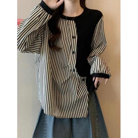 FA53097# 设计感不规则条纹拼接长袖春秋卫衣大码女装薄款宽松显瘦上衣  服裝批發女裝批發服飾貨源
