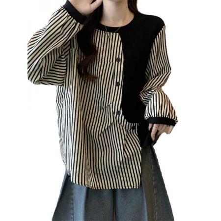 FA53097# 设计感不规则条纹拼接长袖春秋卫衣大码女装薄款宽松显瘦上衣  服裝批發女裝批發服飾貨源