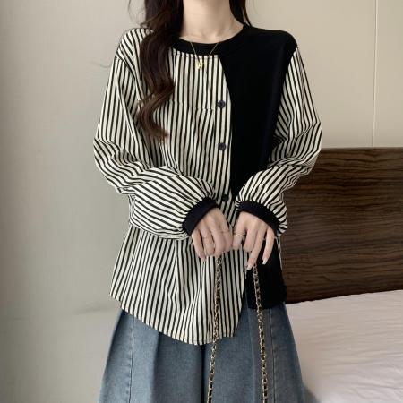 FA53097# 设计感不规则条纹拼接长袖春秋卫衣大码女装薄款宽松显瘦上衣  服裝批發女裝批發服飾貨源