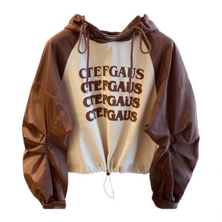 FA53098# 大码300斤插肩袖拼接设计感宽松连帽卫衣女春秋短款抽绳收腰上衣  服裝批發女裝批發服飾貨源