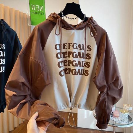 FA53098# 大码300斤插肩袖拼接设计感宽松连帽卫衣女春秋短款抽绳收腰上衣  服裝批發女裝批發服飾貨源