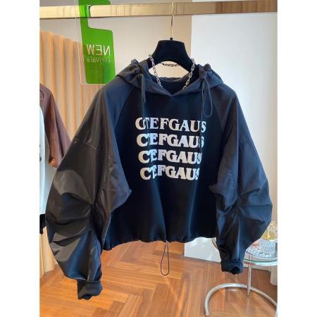 FA53098# 大码300斤插肩袖拼接设计感宽松连帽卫衣女春秋短款抽绳收腰上衣  服裝批發女裝批發服飾貨源