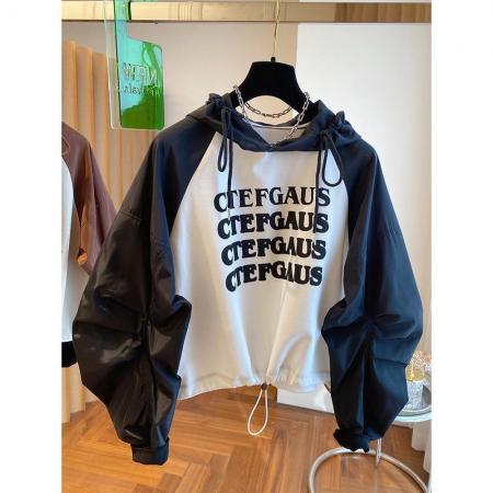 FA53098# 大码300斤插肩袖拼接设计感宽松连帽卫衣女春秋短款抽绳收腰上衣  服裝批發女裝批發服飾貨源