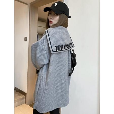 FA53099# 特大码300斤欧洲站中长款海军领卫衣秋冬宽松潮流时尚绣花外套女  服裝批發女裝批發服飾貨源