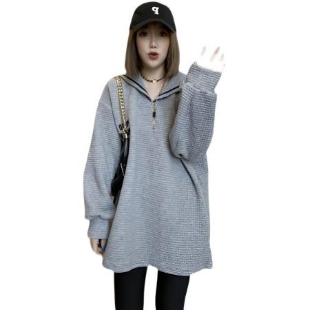 FA53099# 特大码300斤欧洲站中长款海军领卫衣秋冬宽松潮流时尚绣花外套女  服裝批發女裝批發服飾貨源