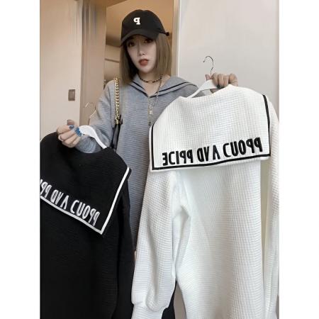 FA53099# 特大码300斤欧洲站中长款海军领卫衣秋冬宽松潮流时尚绣花外套女  服裝批發女裝批發服飾貨源