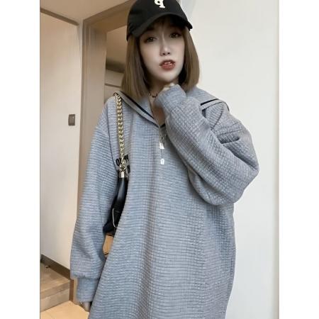 FA53099# 特大码300斤欧洲站中长款海军领卫衣秋冬宽松潮流时尚绣花外套女  服裝批發女裝批發服飾貨源