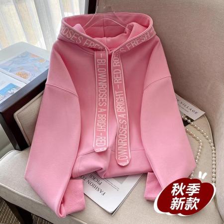 FA53102# 大码300斤时尚字母织带连帽卫衣女秋季薄款宽松减龄粉色长袖上衣  服裝批發女裝批發服飾貨源