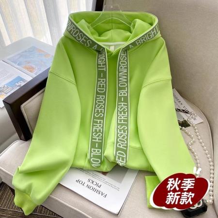 FA53102# 大码300斤时尚字母织带连帽卫衣女秋季薄款宽松减龄粉色长袖上衣  服裝批發女裝批發服飾貨源