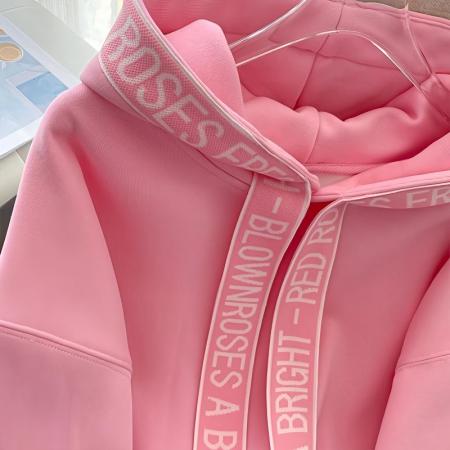 FA53102# 大码300斤时尚字母织带连帽卫衣女秋季薄款宽松减龄粉色长袖上衣  服裝批發女裝批發服飾貨源