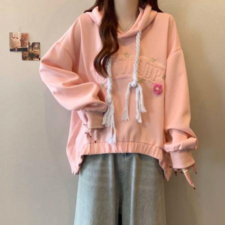 FA53103# 大码2-300斤设计感绣花连帽长袖卫衣女春秋胖mm宽松百搭上衣外套  服裝批發女裝批發服飾貨源