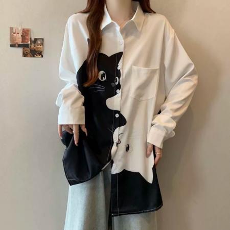 FA53104# 大码2-300斤胖mm猫咪印花衬衫女夏季新款设计感宽松显瘦长袖上衣  服裝批發女裝批發服飾貨源