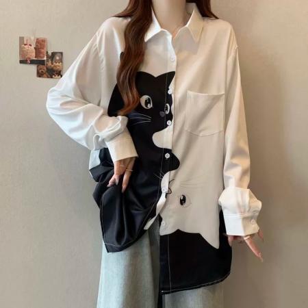 FA53104# 大码2-300斤胖mm猫咪印花衬衫女夏季新款设计感宽松显瘦长袖上衣  服裝批發女裝批發服飾貨源