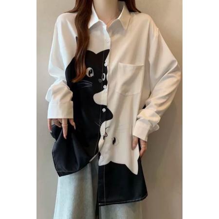 FA53104# 大码2-300斤胖mm猫咪印花衬衫女夏季新款设计感宽松显瘦长袖上衣  服裝批發女裝批發服飾貨源