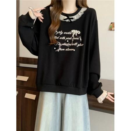 FA53105# 大码2-300斤荷叶领正肩卫衣女春秋新款胖mm宽松打底衫喇叭袖上衣  服裝批發女裝批發服飾貨源