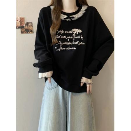 FA53105# 大码2-300斤荷叶领正肩卫衣女春秋新款胖mm宽松打底衫喇叭袖上衣  服裝批發女裝批發服飾貨源