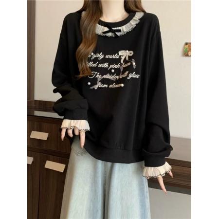 FA53105# 大码2-300斤荷叶领正肩卫衣女春秋新款胖mm宽松打底衫喇叭袖上衣  服裝批發女裝批發服飾貨源