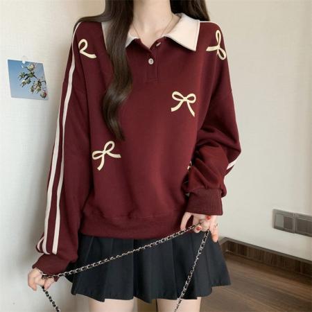 FA53106# 大码2-300斤学院风Polo领卫衣女春秋新款胖mm条纹蝴蝶结上衣外套  服裝批發女裝批發服飾貨源