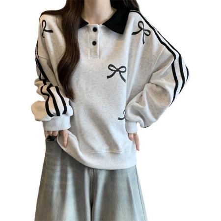 FA53106# 大码2-300斤学院风Polo领卫衣女春秋新款胖mm条纹蝴蝶结上衣外套  服裝批發女裝批發服飾貨源