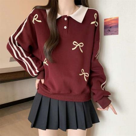 FA53106# 大码2-300斤学院风Polo领卫衣女春秋新款胖mm条纹蝴蝶结上衣外套  服裝批發女裝批發服飾貨源