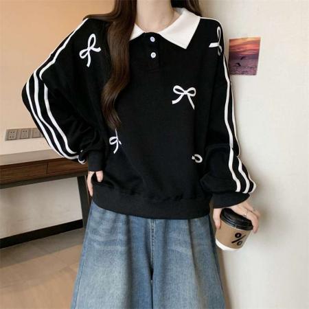 FA53106# 大码2-300斤学院风Polo领卫衣女春秋新款胖mm条纹蝴蝶结上衣外套  服裝批發女裝批發服飾貨源
