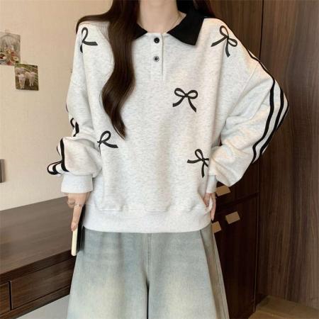 FA53106# 大码2-300斤学院风Polo领卫衣女春秋新款胖mm条纹蝴蝶结上衣外套  服裝批發女裝批發服飾貨源