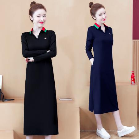 LN76416# POLO领秋冬新款大码气质显瘦翻领开叉口袋中长款连衣裙