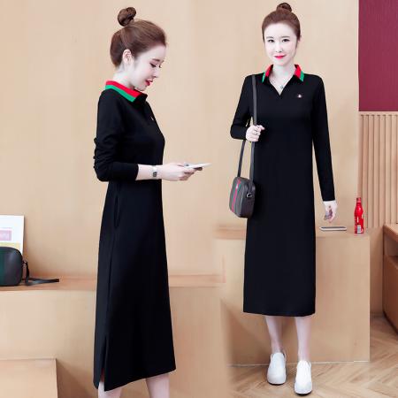 LN76416# POLO领秋冬新款大码气质显瘦翻领开叉口袋中长款连衣裙