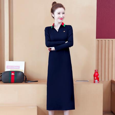 LN76416# POLO领秋冬新款大码气质显瘦翻领开叉口袋中长款连衣裙