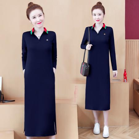 LN76416# POLO领秋冬新款大码气质显瘦翻领开叉口袋中长款连衣裙