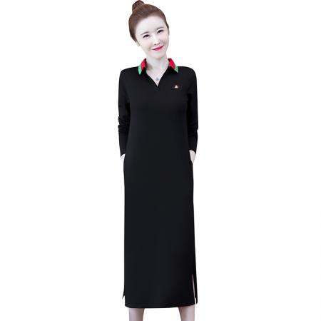 LN76416# POLO领秋冬新款大码气质显瘦翻领开叉口袋中长款连衣裙