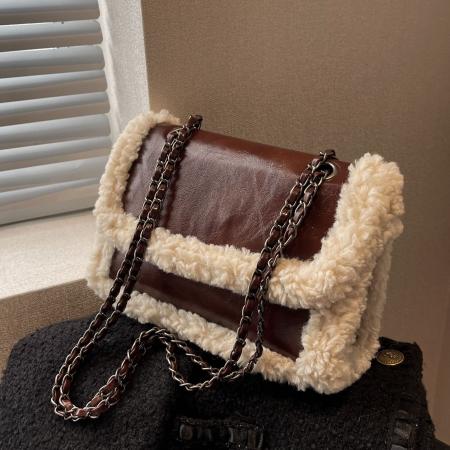 TJ2241# 小包包女2024冬季新款时尚链条单肩斜挎女包复古毛绒绒撞色小方包